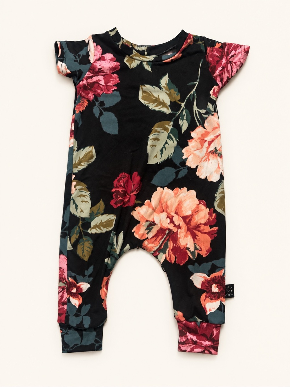 Floral Short-Sleeve Baby One-Piece Romper - Black with Pink & Coral Flowers